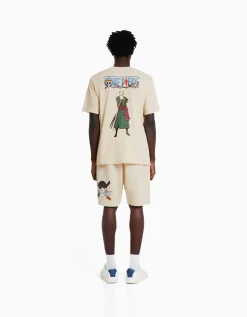 BERSHKA T-shirt manches courtes regular fit imprimé One Piece Camel Outlet