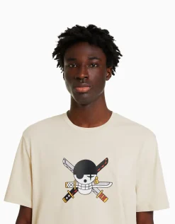 BERSHKA T-shirt manches courtes regular fit imprimé One Piece Camel Outlet