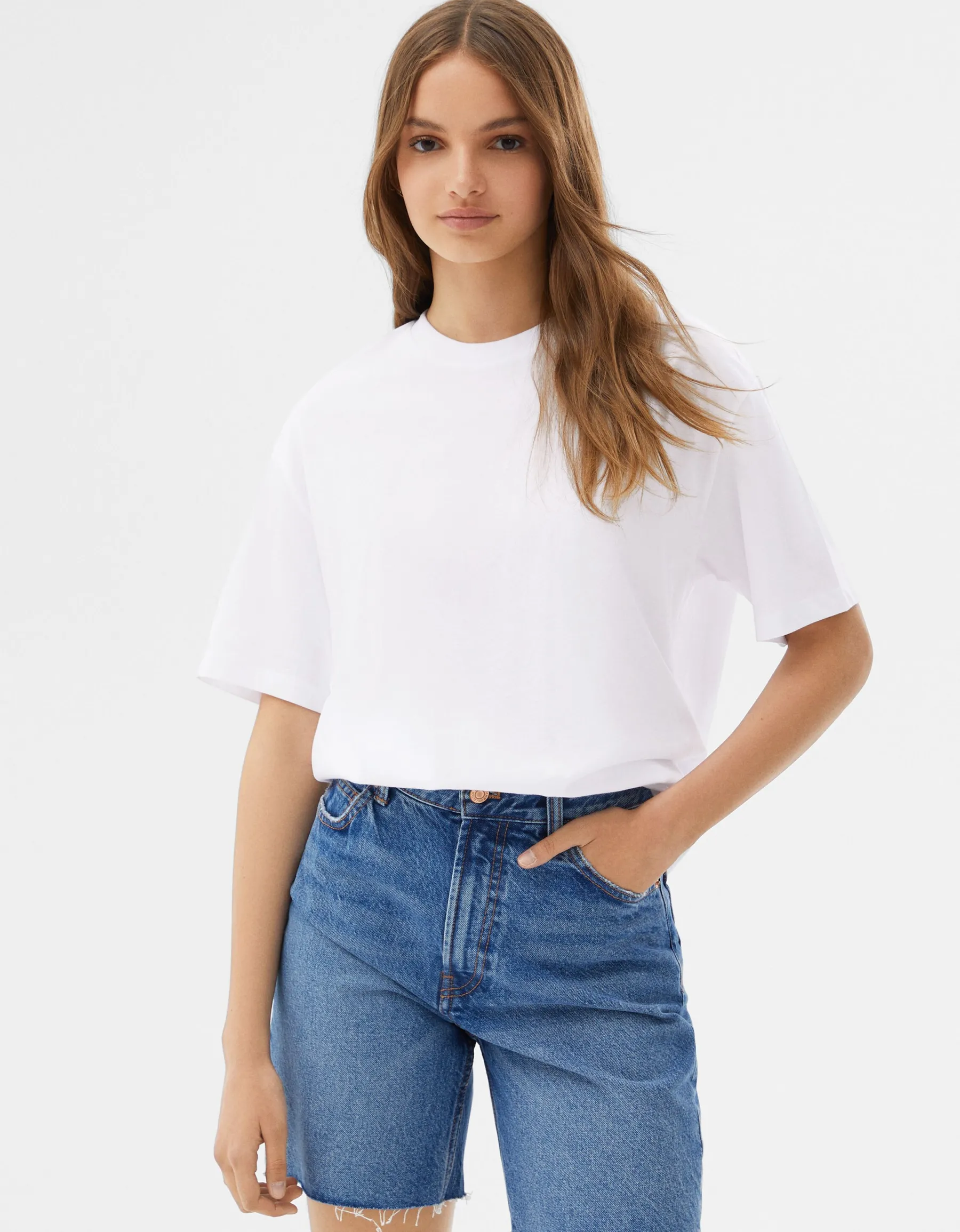 BERSHKA T-shirt manches courtes regular fit Blanc New