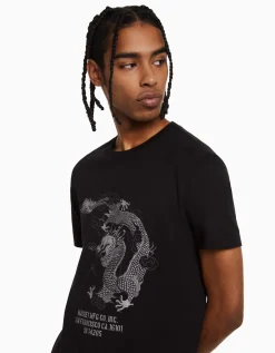 BERSHKA T-shirt manches courtes regular fit imprimé Blanc Sale