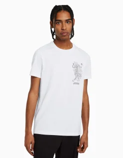 BERSHKA T-shirt manches courtes regular fit imprimé Blanc Shop