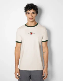 BERSHKA T-shirt manches courtes regular fit imprimé Blanc / Noir Cheap