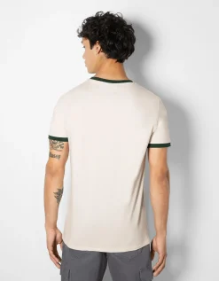 BERSHKA T-shirt manches courtes regular fit imprimé Blanc / Noir Cheap