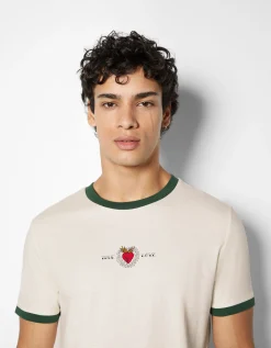 BERSHKA T-shirt manches courtes regular fit imprimé Blanc / Noir Cheap