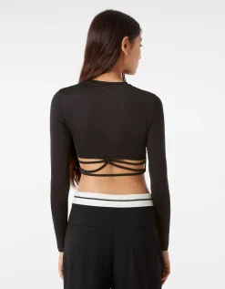 BERSHKA T-shirt manches longues anneaux lanières dos Noir Sale