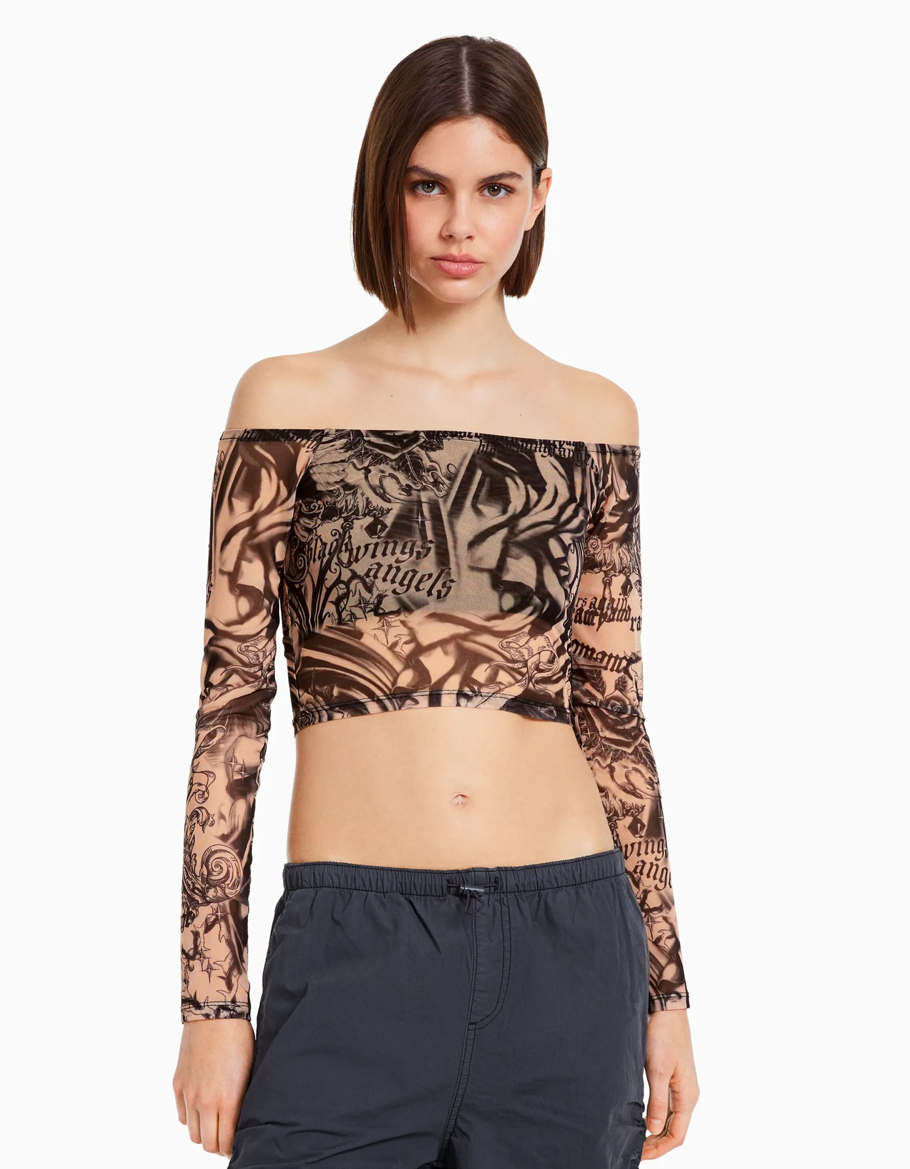 BERSHKA T-shirt manches longues Bardot tulle Rose Cheap