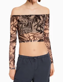 BERSHKA T-shirt manches longues Bardot tulle Rose Cheap