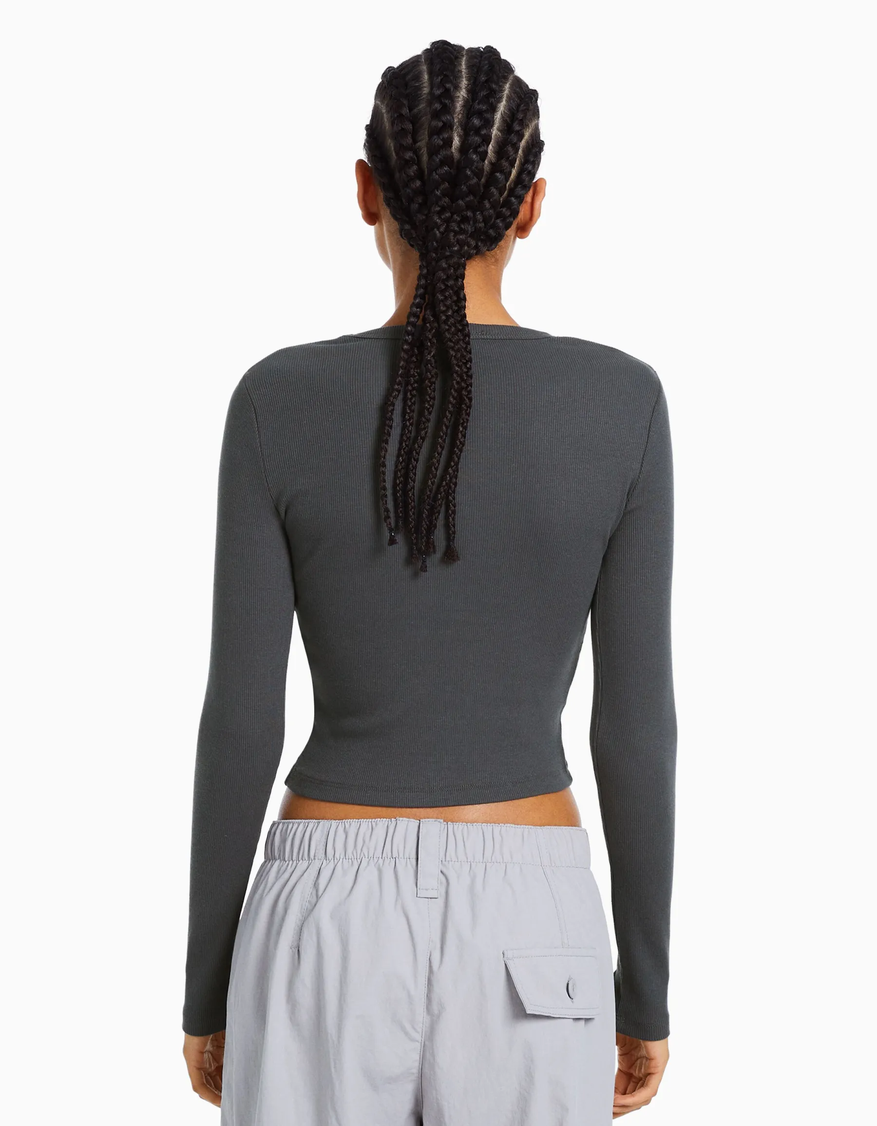 BERSHKA T-shirt manches longues bord-côte Gris Discount