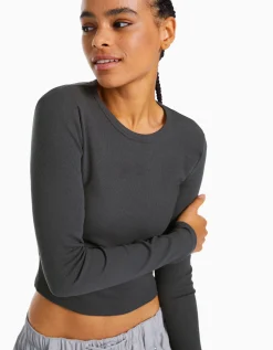 BERSHKA T-shirt manches longues bord-côte Gris Discount