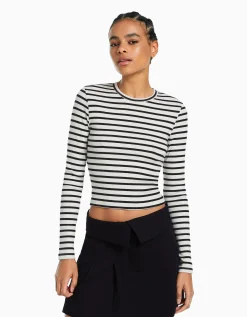 BERSHKA T-shirt manches longues bord-côte Blanc / Noir Store