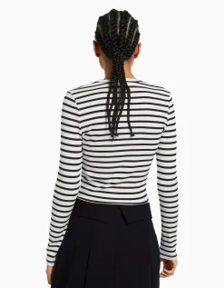 BERSHKA T-shirt manches longues bord-côte Blanc / Noir Store