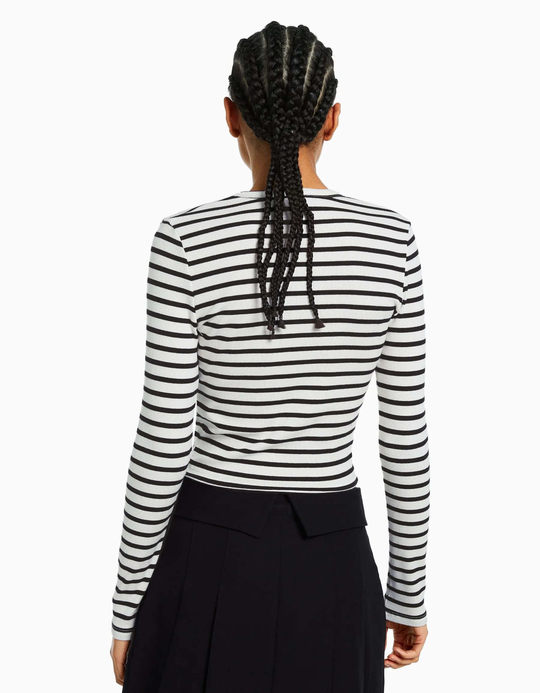 BERSHKA T-shirt manches longues bord-côte Blanc / Noir Store