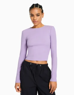 BERSHKA T-shirt manches longues bord-côte Violet Best Sale