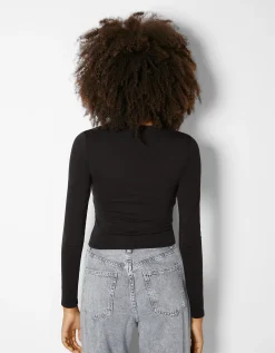 BERSHKA T-shirt manches longues bord-côte Noir Outlet
