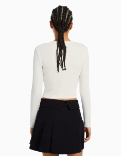 BERSHKA T-shirt manches longues bord-côte Blanc Cheap