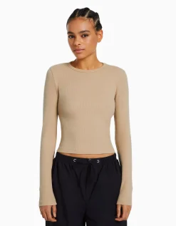 BERSHKA T-shirt manches longues bord-côte Camel Sale