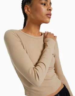BERSHKA T-shirt manches longues bord-côte Camel Sale
