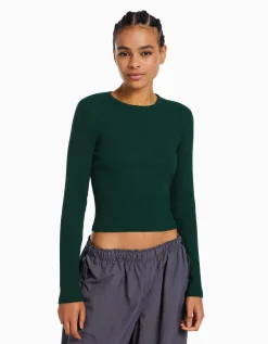 BERSHKA T-shirt manches longues bord-côte Vert New