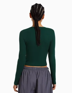 BERSHKA T-shirt manches longues bord-côte Vert New