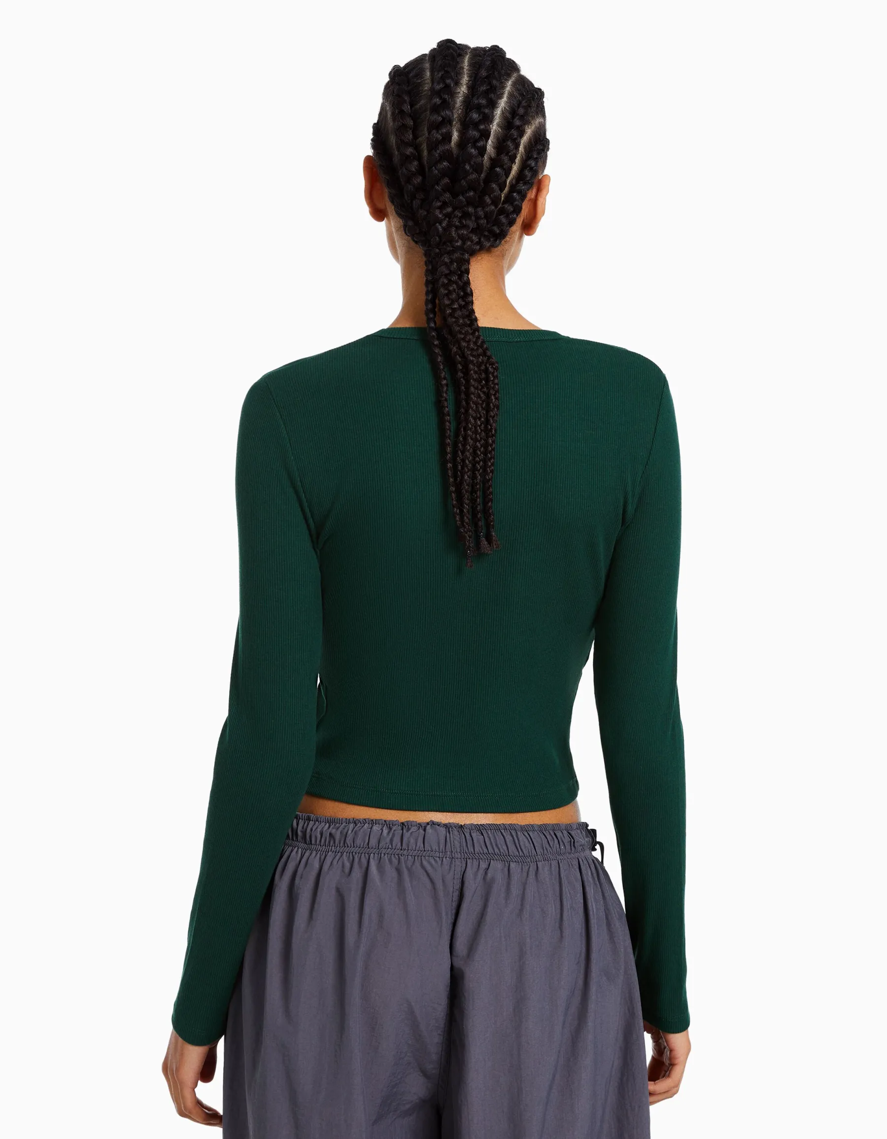 BERSHKA T-shirt manches longues bord-côte Vert New