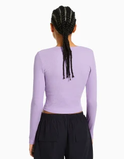 BERSHKA T-shirt manches longues bord-côte Violet Store