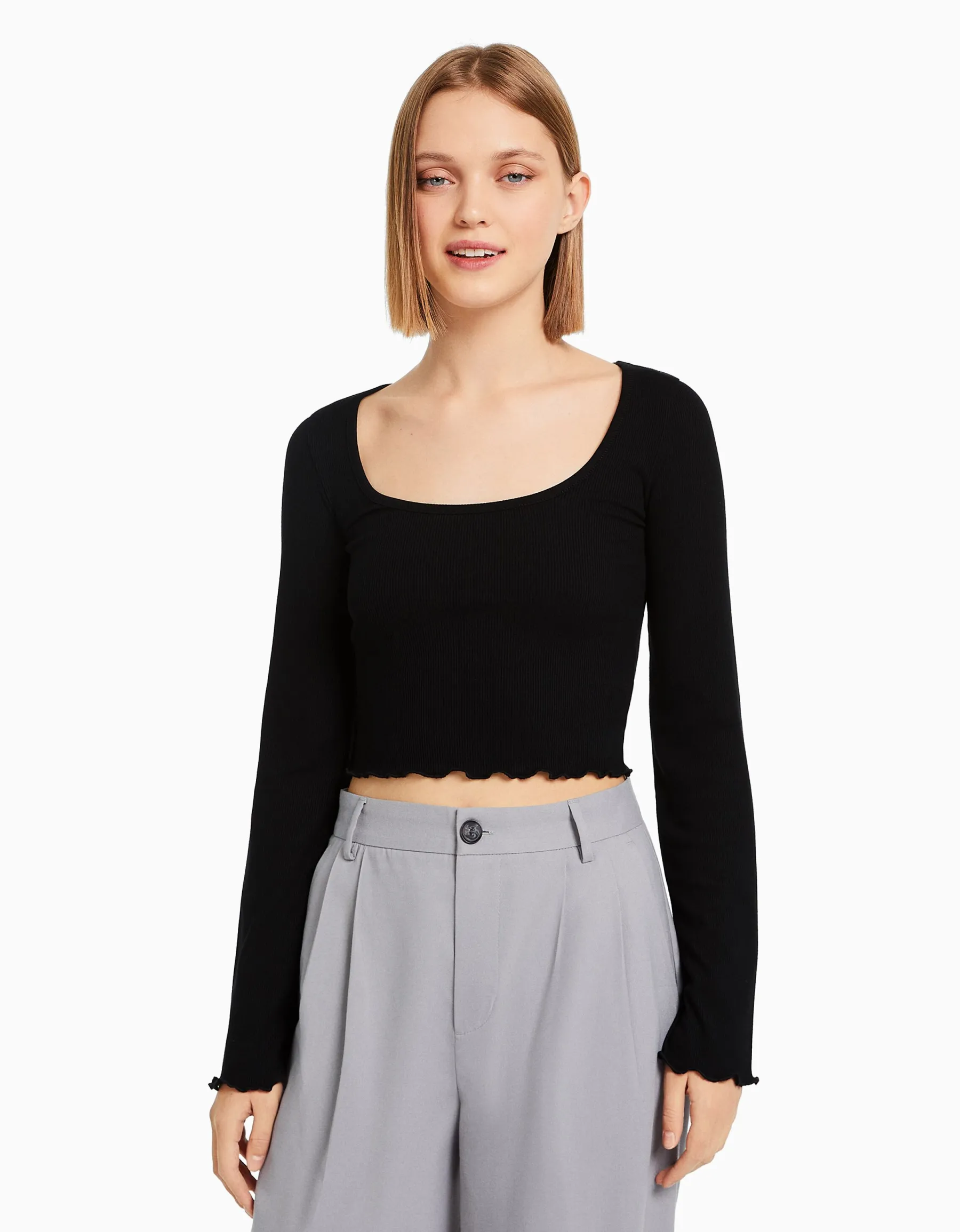 BERSHKA T-shirt manches longues col rond Noir Best Sale