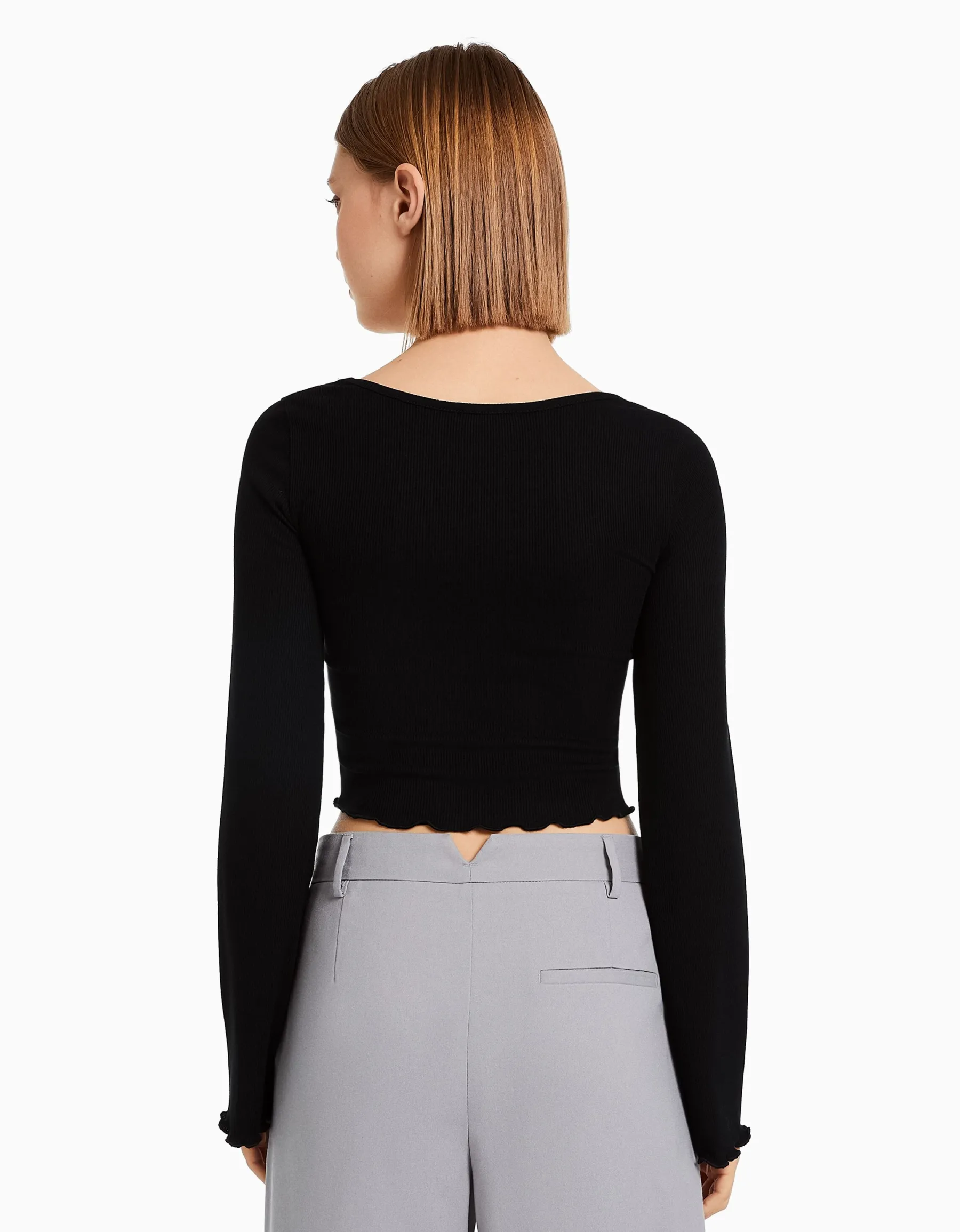 BERSHKA T-shirt manches longues col rond Noir Best Sale
