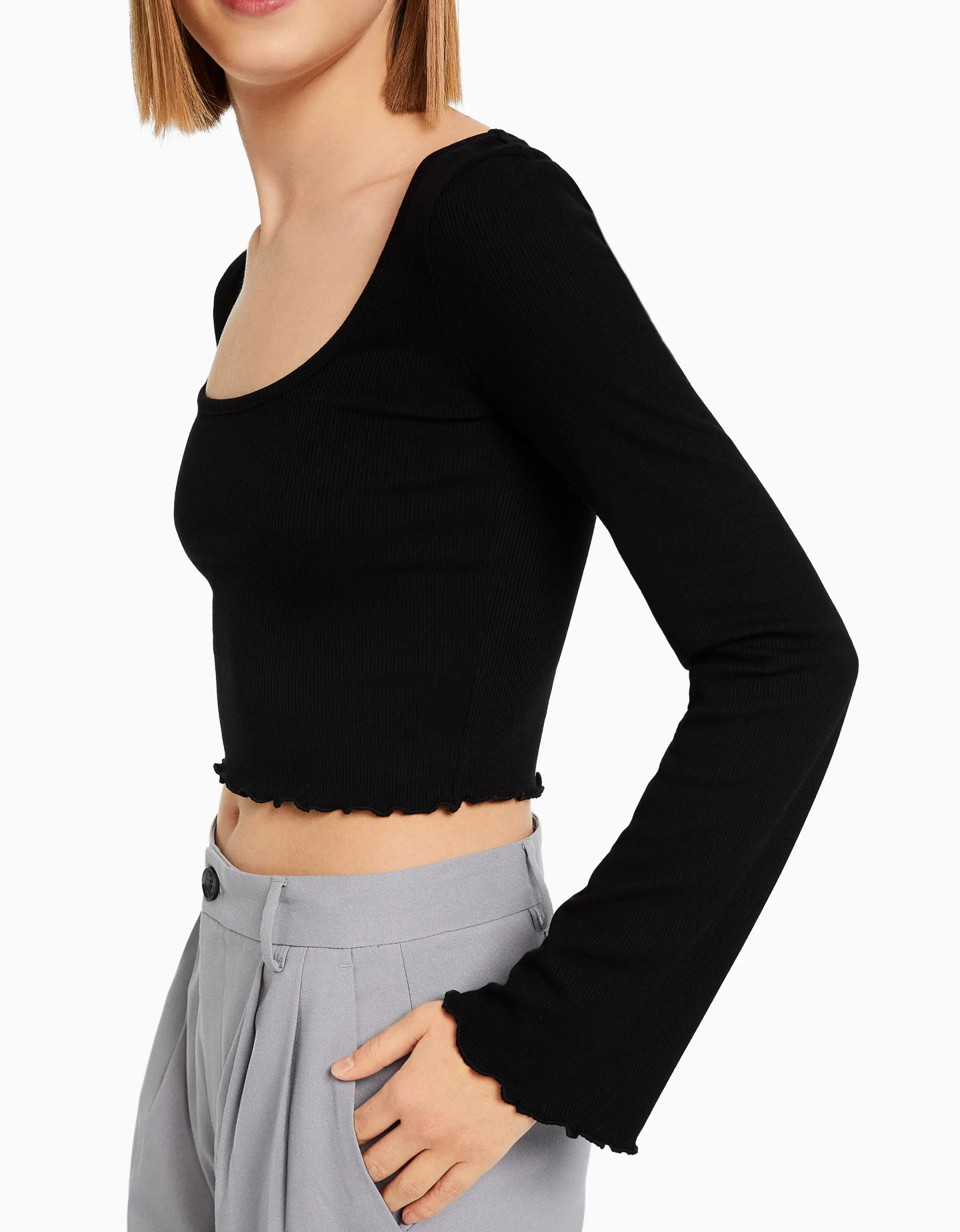 BERSHKA T-shirt manches longues col rond Noir Best Sale