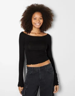 BERSHKA T-shirt manches longues col bateau Noir Hot