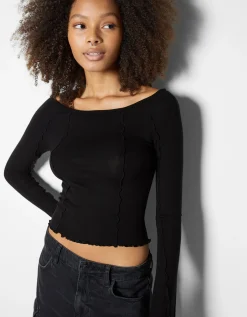 BERSHKA T-shirt manches longues col bateau Noir Hot