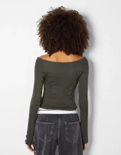 BERSHKA T-shirt manches longues col bateau Noir Best Sale