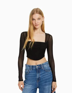 BERSHKA T-shirt manches longues corset tulle Noir Shop