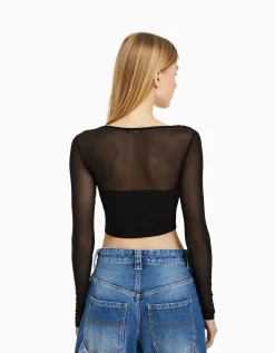 BERSHKA T-shirt manches longues corset tulle Noir Shop