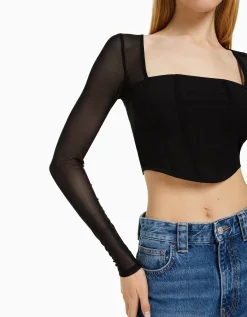 BERSHKA T-shirt manches longues corset tulle Noir Shop