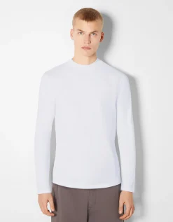 BERSHKA T-shirt manches longues col cheminée Blanc Shop