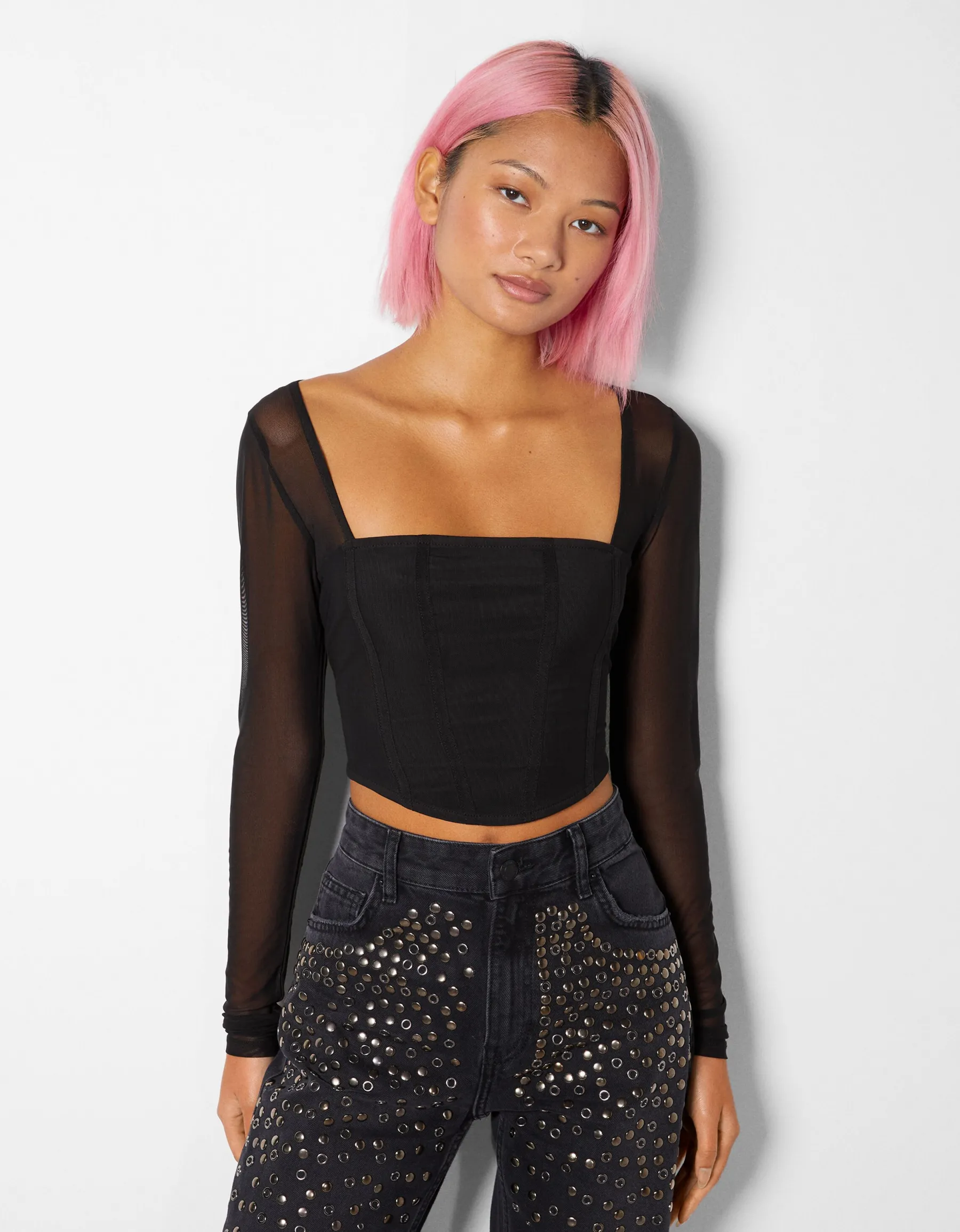 BERSHKA T-shirt manches longues corset tulle Noir Sale