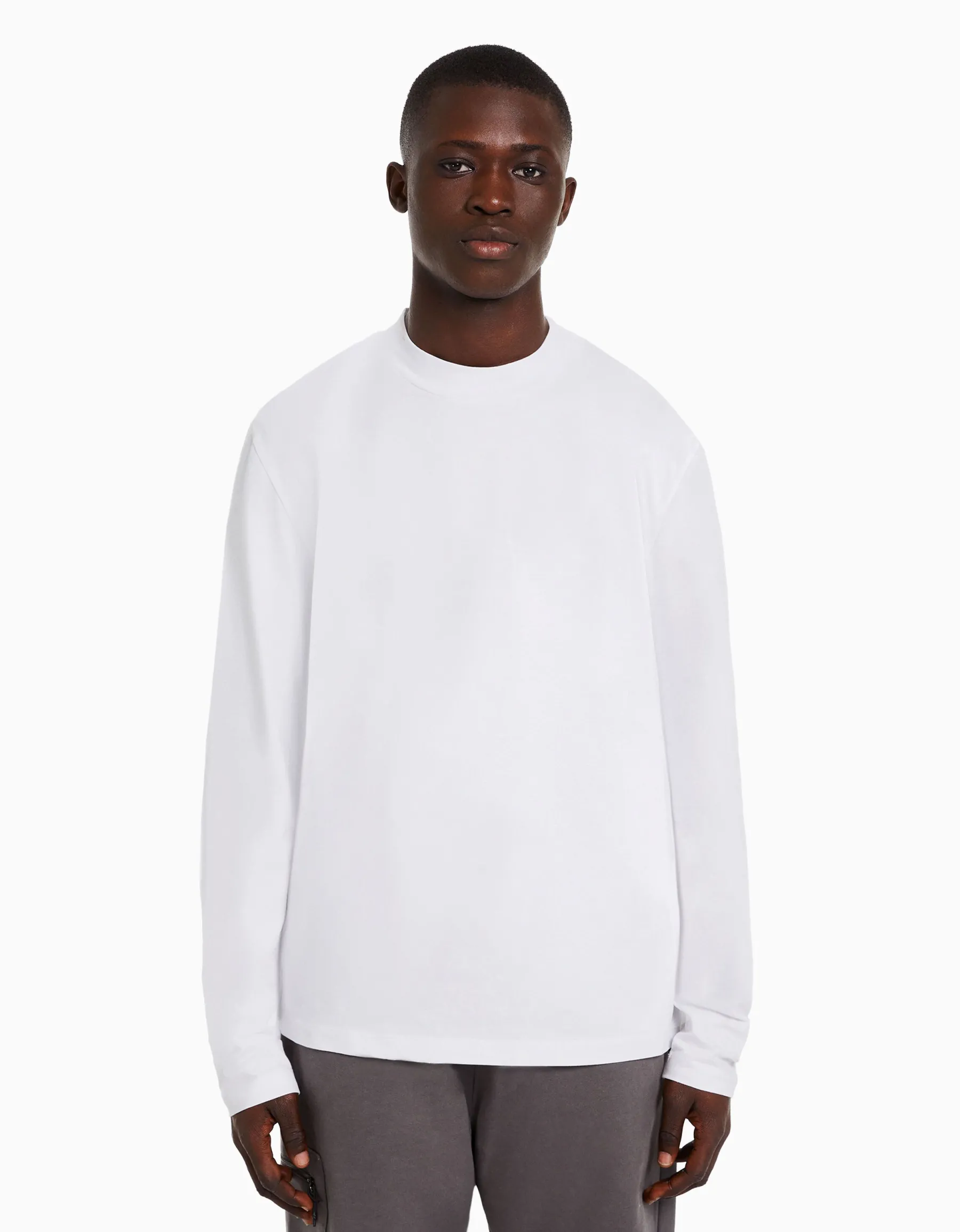 BERSHKA T-shirt manches longues col cheminée Blanc Cheap