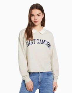 BERSHKA T-shirt manches longues col polo imprimé Vert Clearance