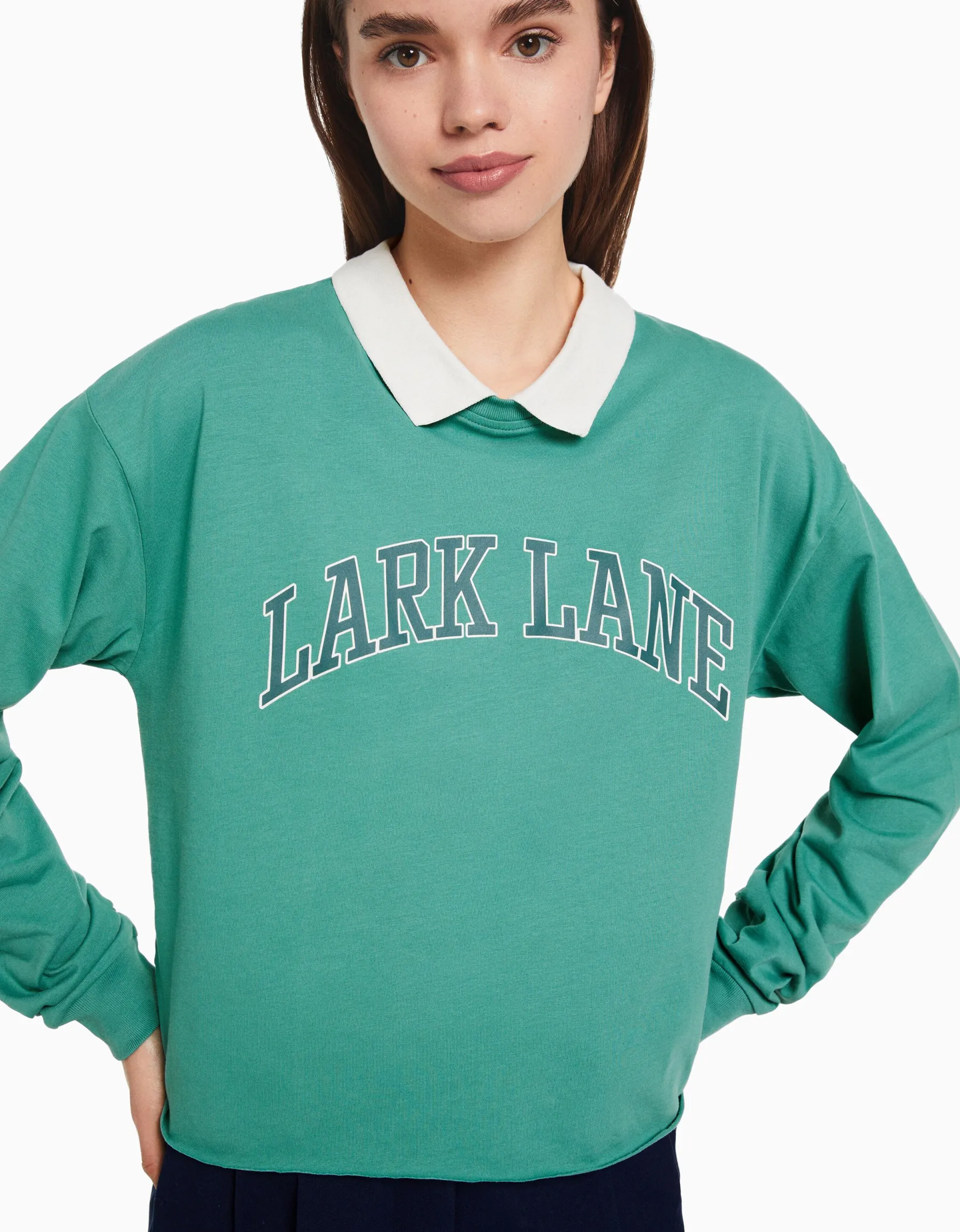 BERSHKA T-shirt manches longues col polo imprimé Vert Online