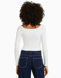 BERSHKA T-shirt manches longues col bateau rayures Bleu Best