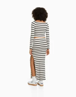 BERSHKA T-shirt manches longues col bateau rayures Bleu Best Sale