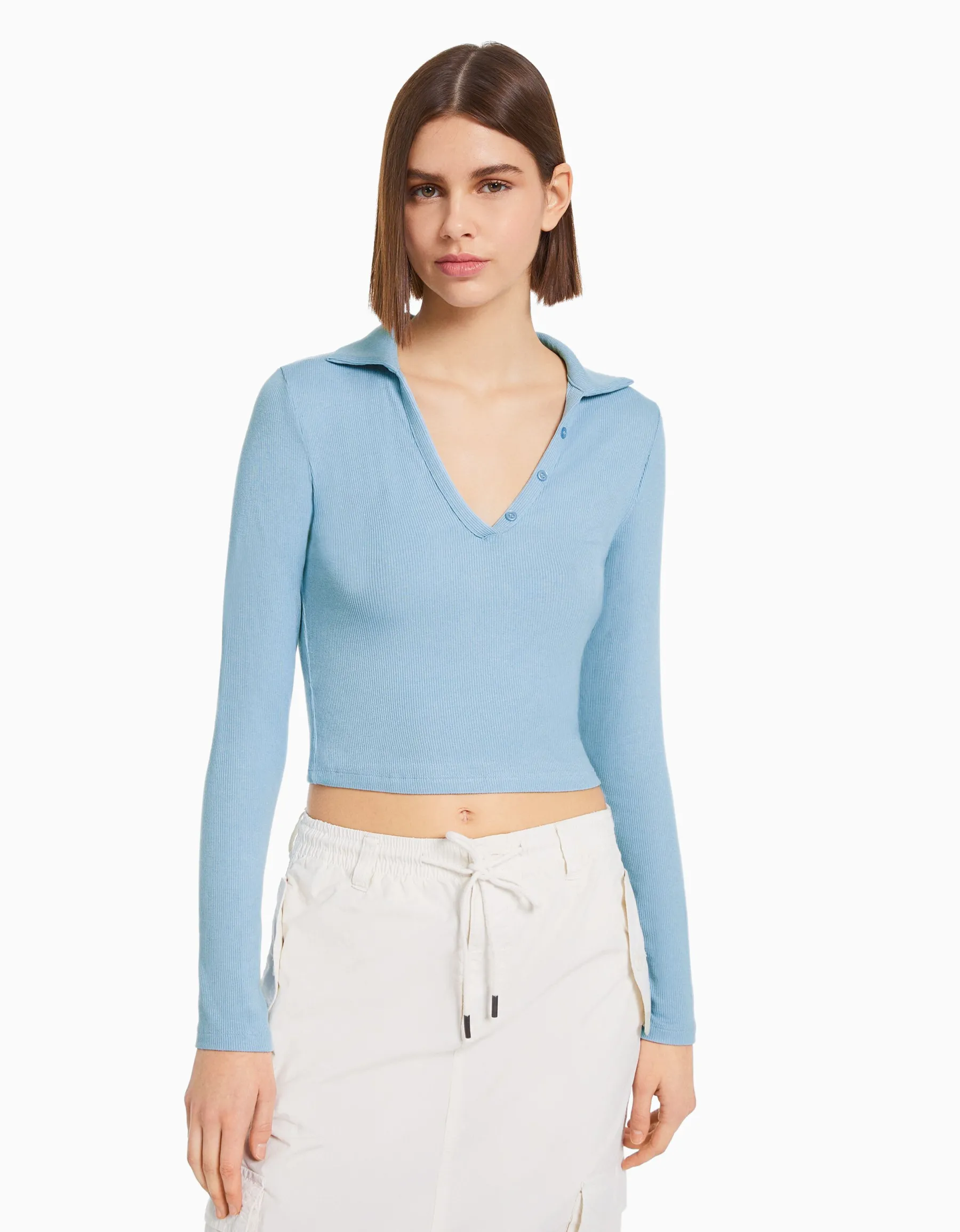 BERSHKA T-shirt manches longues col polo boutons Noir Shop