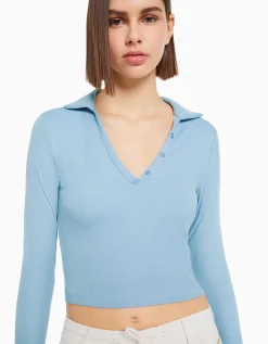 BERSHKA T-shirt manches longues col polo boutons Noir Shop