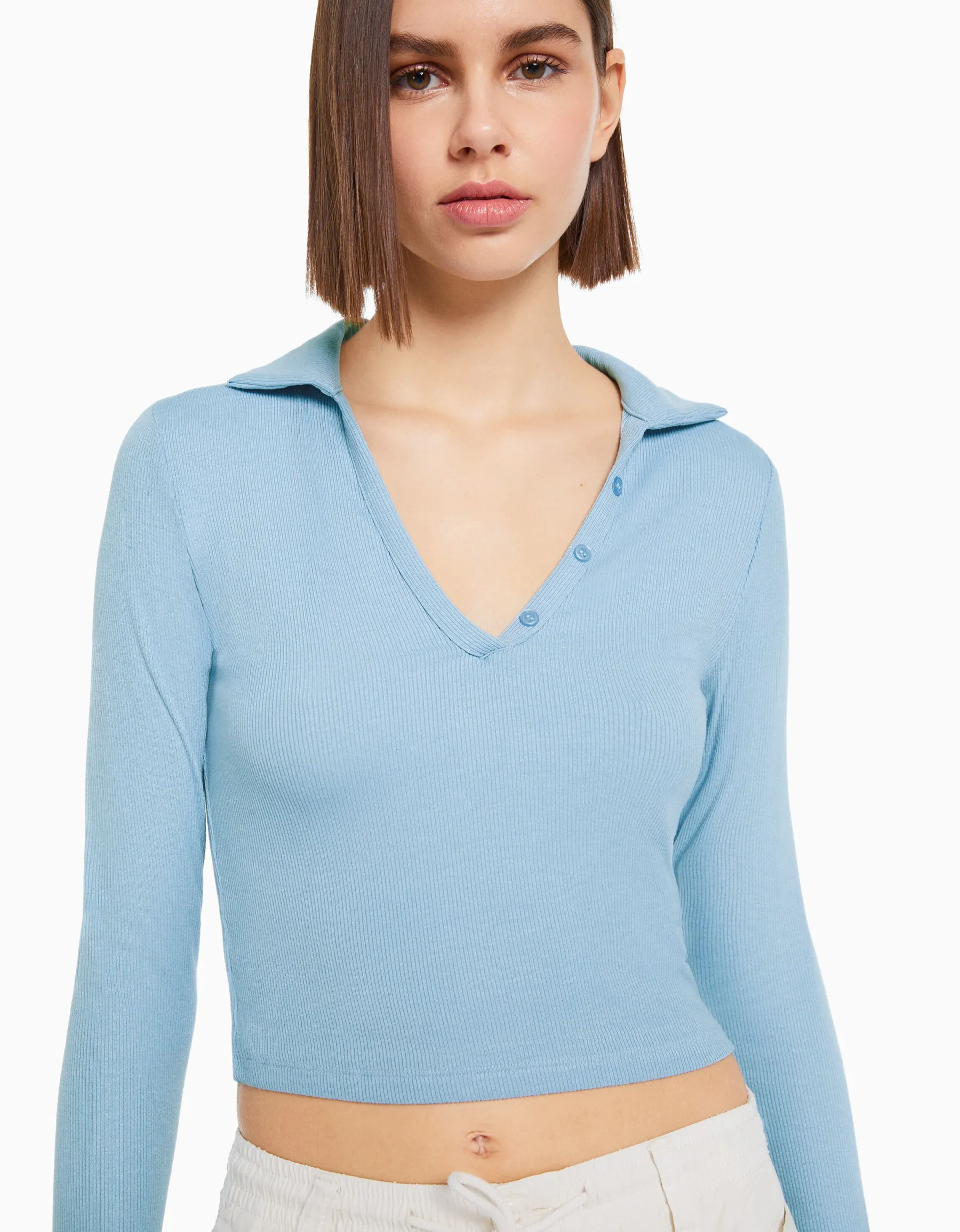 BERSHKA T-shirt manches longues col polo boutons Noir Shop