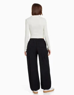BERSHKA T-shirt manches longues col polo boutons Noir Cheap