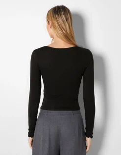 BERSHKA T-shirt manches longues col V froncé Noir Best
