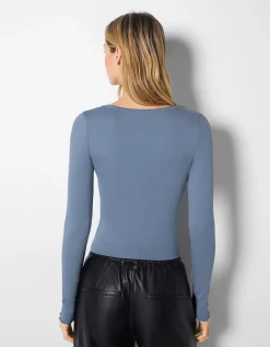 BERSHKA T-shirt manches longues col V froncé Noir Clearance