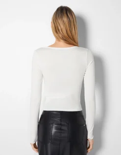 BERSHKA T-shirt manches longues col V froncé Noir Best