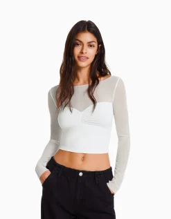 BERSHKA T-shirt manches longues cropped tissu contrastant Blanc Flash Sale