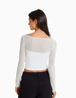 BERSHKA T-shirt manches longues cropped tissu contrastant Blanc Flash Sale